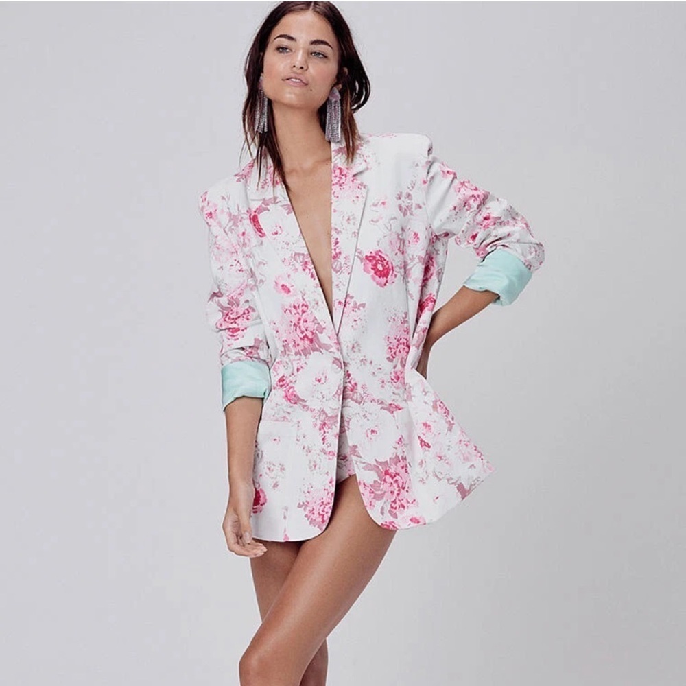 NWT For Love & Lemons Weston Denim Blazer Pink Floral - Medium